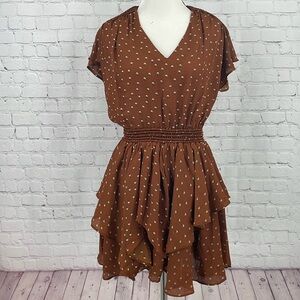 V-Neck Women’s Vintage Looking Dress Polka Dot Brown Ruffle Feminine Mini Small